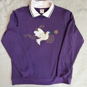 VNTG Adrian Delafield Purple, Holiday Dove, Embroidered, Collared Sweatshirt- M